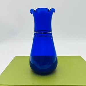 Cobalt Blue Glass Ruffled Bud Vase with Silver Stripes MCM 6"